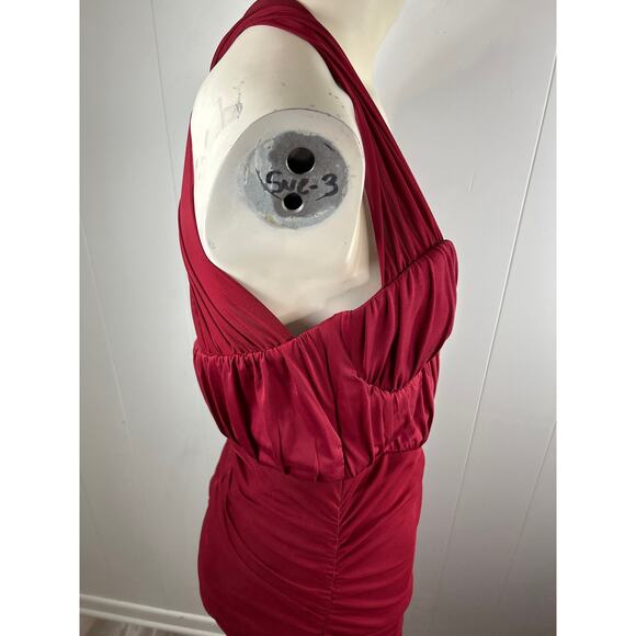 ASOS Design Burgundy Bodycon Halter mesh ruched midi dress Stretch. Size 12 NWOT - Picture 7 of 9